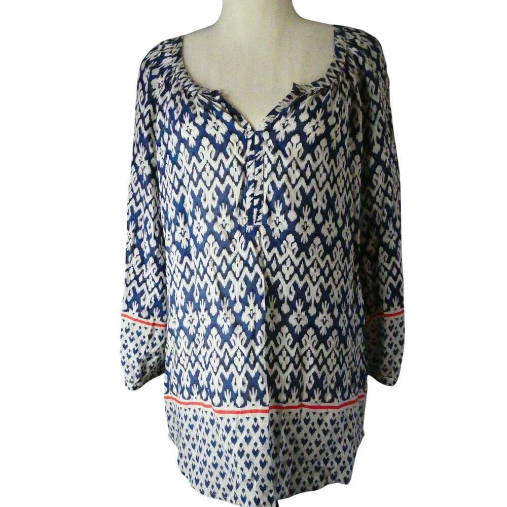 BLUE Saks Fifth Avenue Women's Large Tunic Blouse Viscose V-Neck Peasant